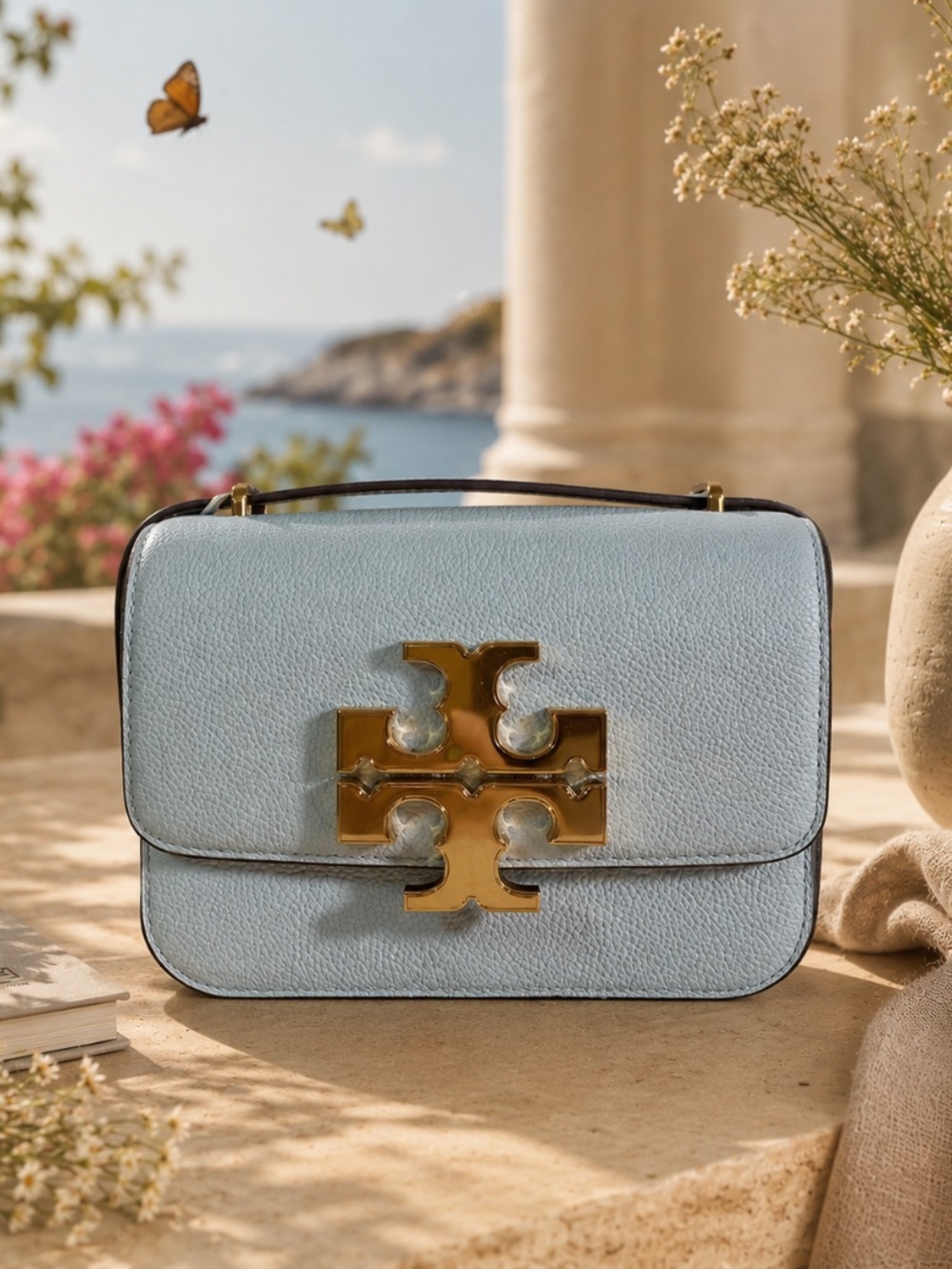 NEW Tory Burch Eleanor Sky Blue Pebbled Leather Small Shoulder Bag/Crossbody Bag